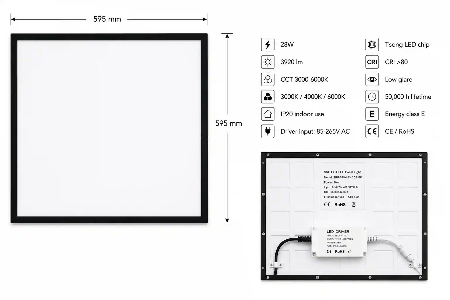Certifikace LED panelu SRP 28W 60x60cm černý rám — IP20, energetická třída E, CE, RoHS
